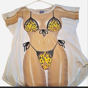 The Bikini Lab White Swim Coverup with Yellow Flame Bikini Print